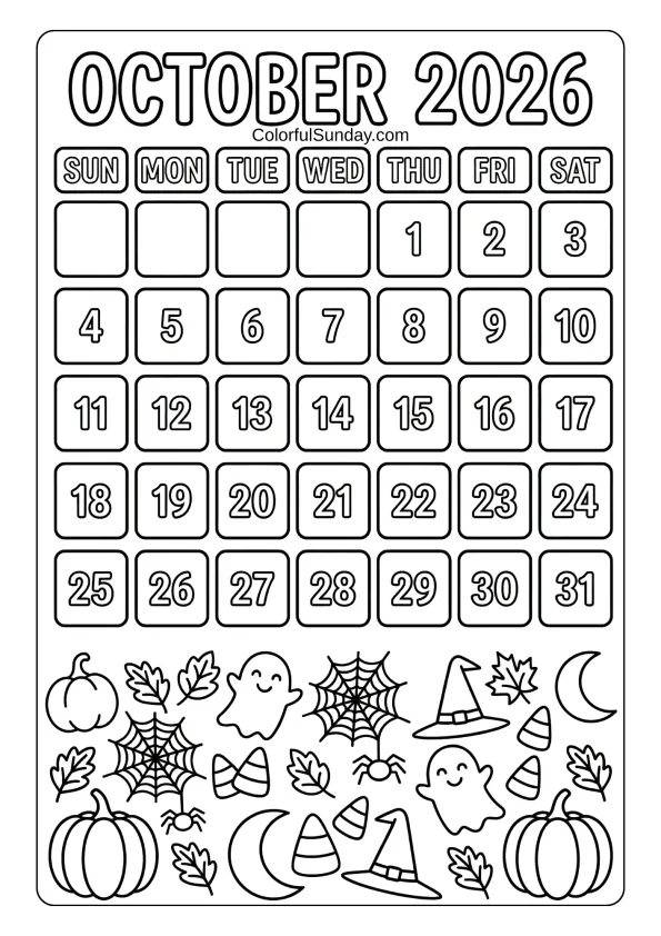 October 2026 Halloween calendar coloring page with simple spooky icons printable coloring page