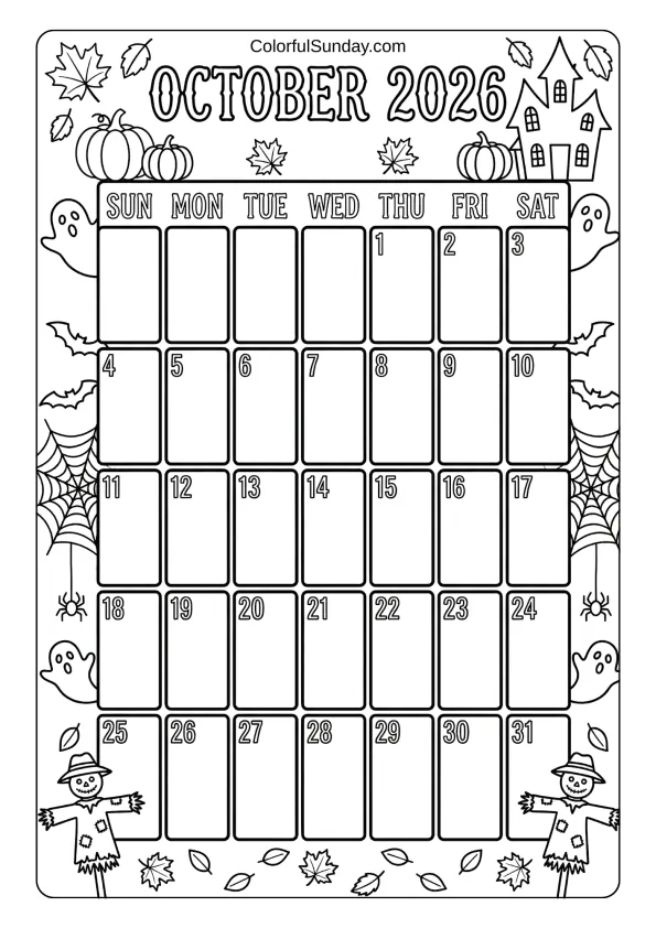 October 2026 spooky fall calendar coloring page with ghosts and pumpkins printable coloring page