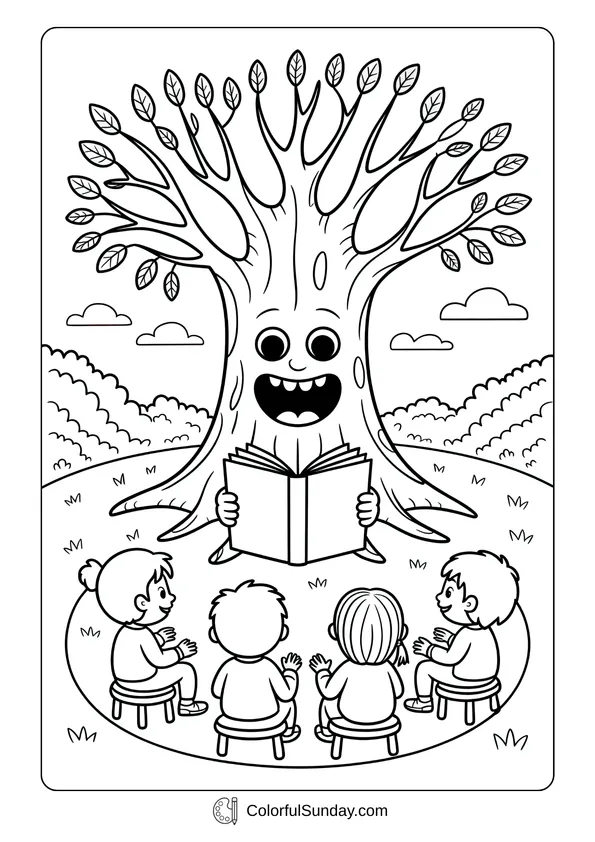 Pikachu From Pokemon Coloring Page A coloring sheet of a big friendly tree holding a book and reading to children sitting on stools in October.