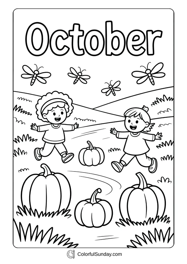 Pikachu From Pokemon Coloring Page Two children running joyfully through a pumpkin patch with dragonflies flying above in October.