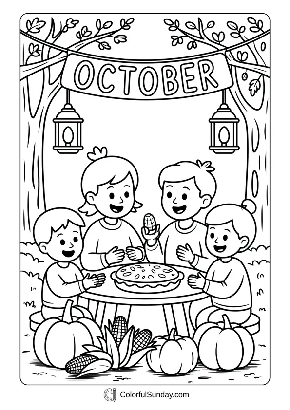 Pikachu From Pokemon Coloring Page Children enjoying food together at a table with pumpkins and lanterns in an October celebration scene.