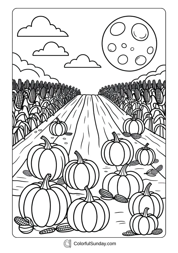 Pikachu From Pokemon Coloring Page Pumpkin patch and cornfield under a full moon with clouds in this October-themed coloring page.