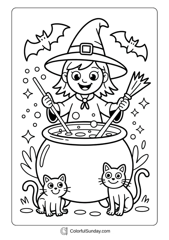 Pikachu From Pokemon Coloring Page Smiling witch stirring a cauldron with bats flying above and two cats beside her in an October coloring page.
