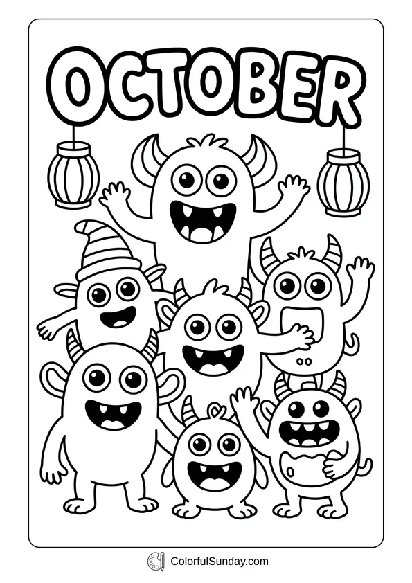 Pikachu From Pokemon Coloring Page Group of funny little monsters with big eyes and happy faces celebrating October.