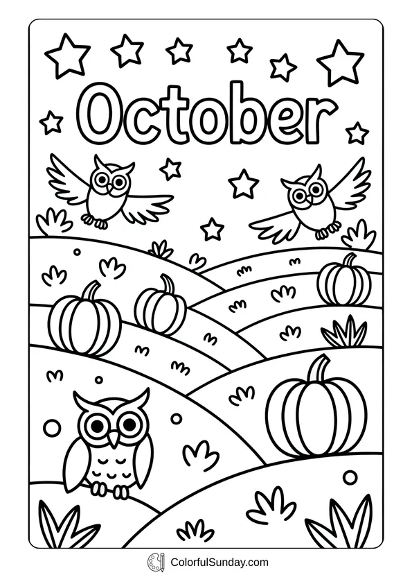 Pikachu From Pokemon Coloring Page Owls flying and sitting among pumpkins and stars in a night October scene.