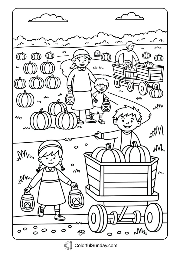Pikachu From Pokemon Coloring Page Families carrying lanterns and gathering pumpkins in a festive October harvest coloring page.