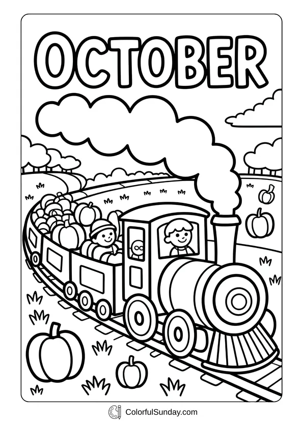 Pikachu From Pokemon Coloring Page Train filled with pumpkins and happy children waving under the October title.
