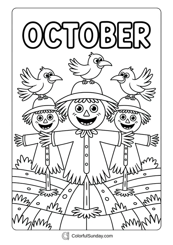 Pikachu From Pokemon Coloring Page Scarecrows standing in a field with crows on their hats, all under the word October in this coloring page.
