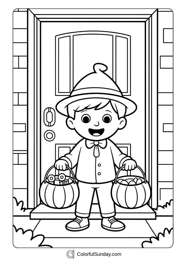 Pikachu From Pokemon Coloring Page A child dressed for trick-or-treating holding two pumpkin baskets of candy on an October coloring page.