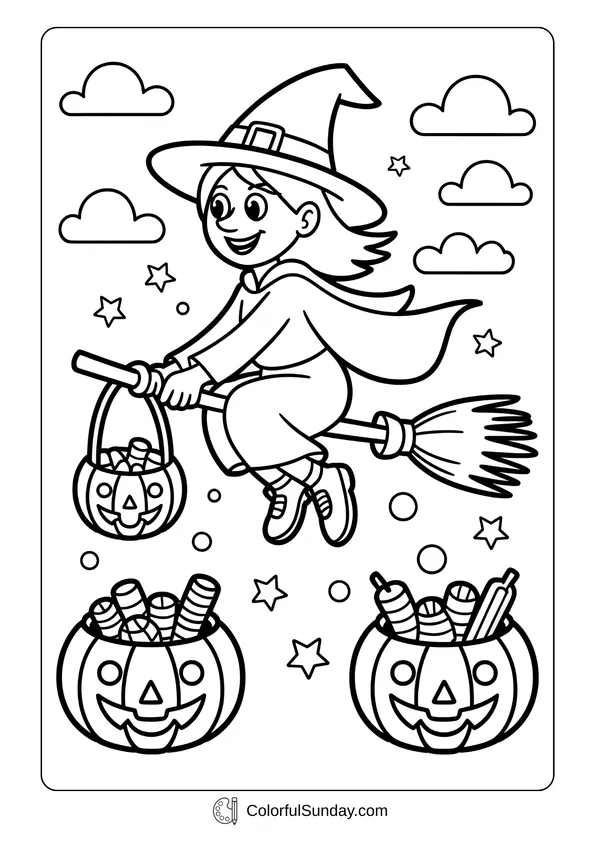 Pikachu From Pokemon Coloring Page A witch flying on a broomstick carrying a pumpkin basket full of candy in this October Halloween coloring page.