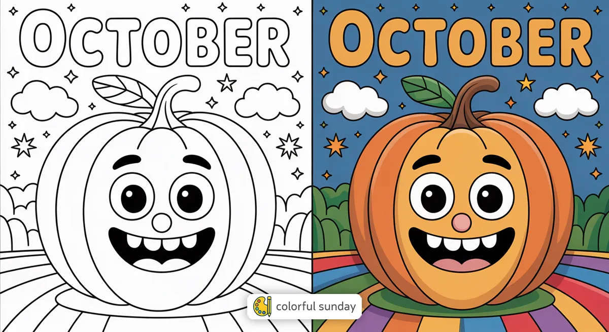 October coloring pages featured image, left side uncolored, right side fully colored