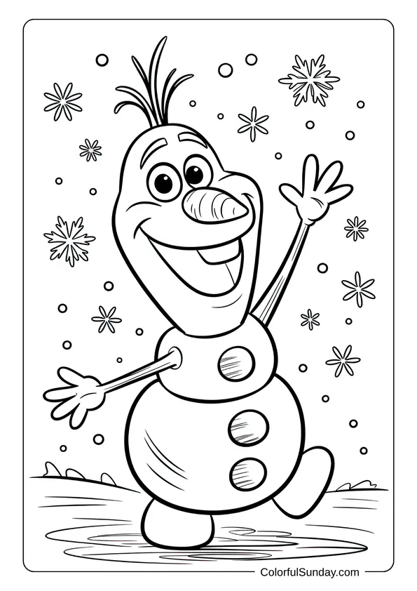 Smiling Olaf the snowman waving joyfully with snowflakes falling around him in a fun winter coloring page.