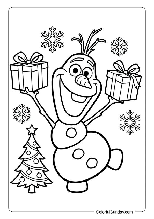 Olaf celebrating with presents and snowflakes in a magical Disney Christmas scene coloring page.