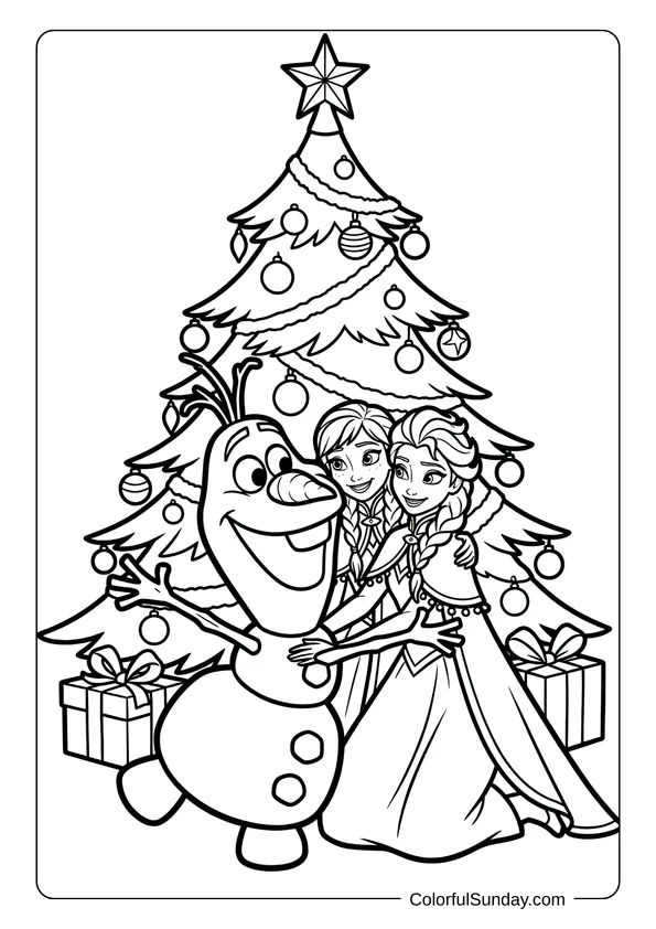 Olaf hugs Anna and Kristoff beside a decorated tree during Disney Christmas in a coloring page