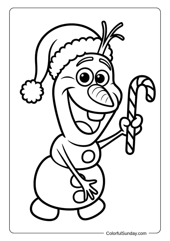 Olaf from Frozen wearing a Santa hat and holding a candy cane, drawn in a playful coloring page.