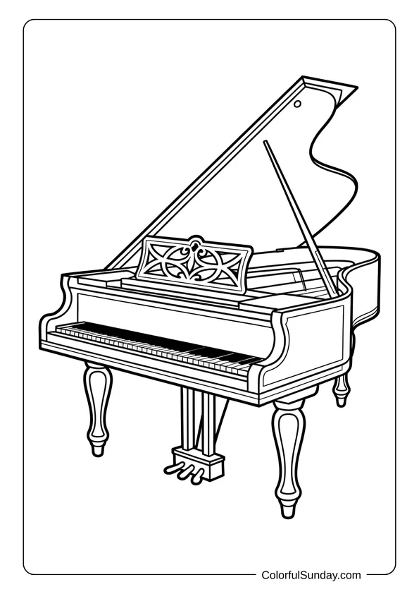 Pokemon Badges And Logo Coloring Page Old antique piano with ornate carvings and classic design, illustrated as a coloring page.