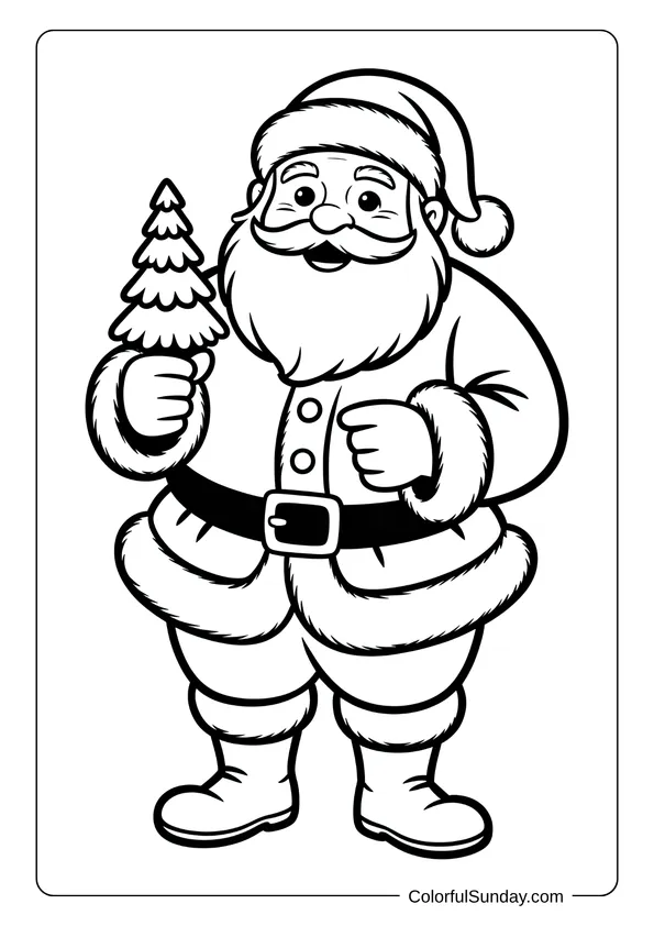 Classic Santa Claus holding a small Christmas tree, shown in a traditional holiday coloring page.