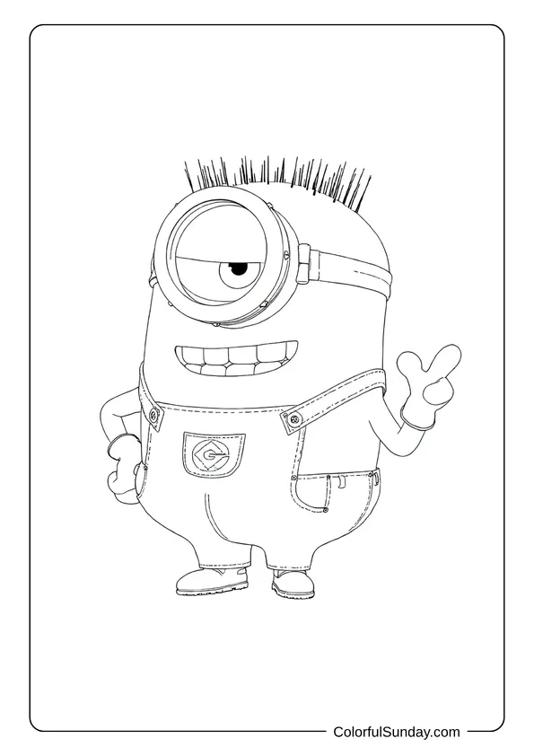 One-eyed Minion standing confidently with a peace sign and a smile in this lively Minions coloring page.