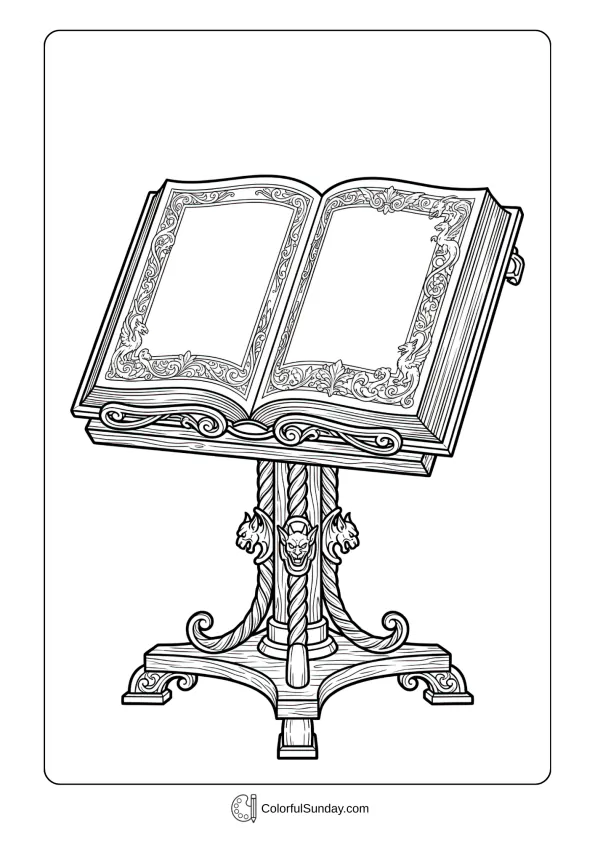 Open book with ornate pages on decorative stand for Ramadan coloring page