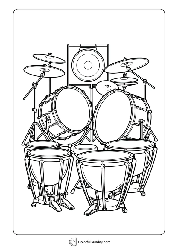 Collection of orchestral drums including timpani, bass drum, and suspended cymbals coloring page together