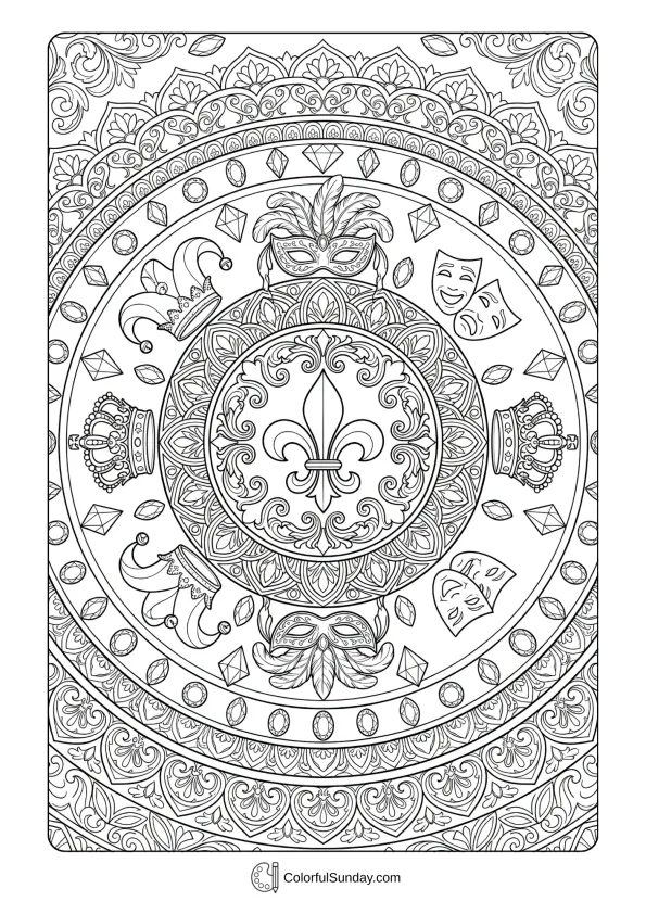 Large decorative Mardi Gras medallion coloring page with intricate patterns and traditional symbols.