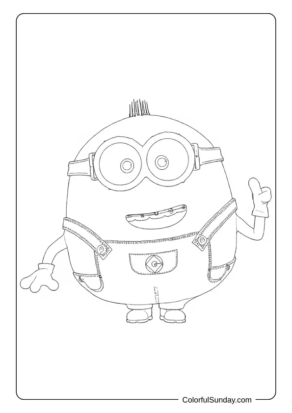 Otto the Minion standing confidently with a raised finger and a wide grin in a fun coloring page.