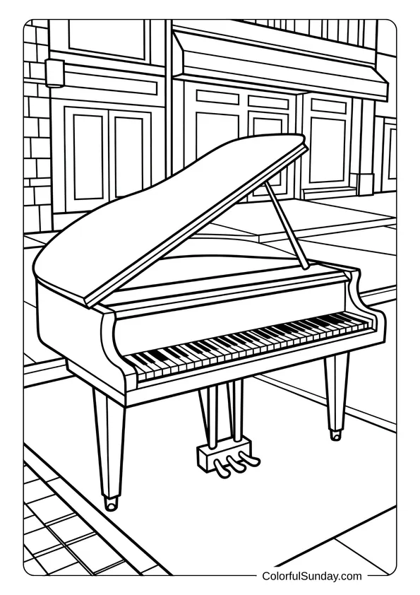Pokemon Badges And Logo Coloring Page Street piano placed outdoors in front of buildings, illustrated as a coloring page.