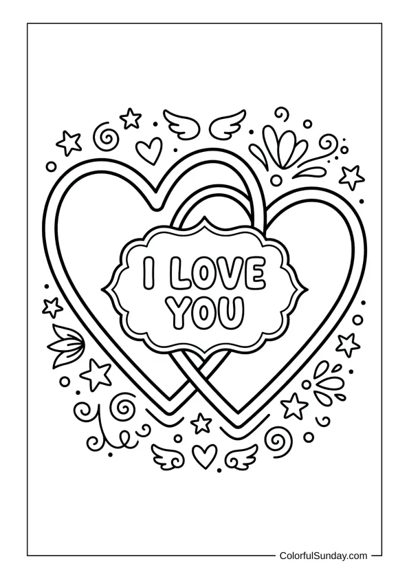 Overlapping hearts with words in a coloring page