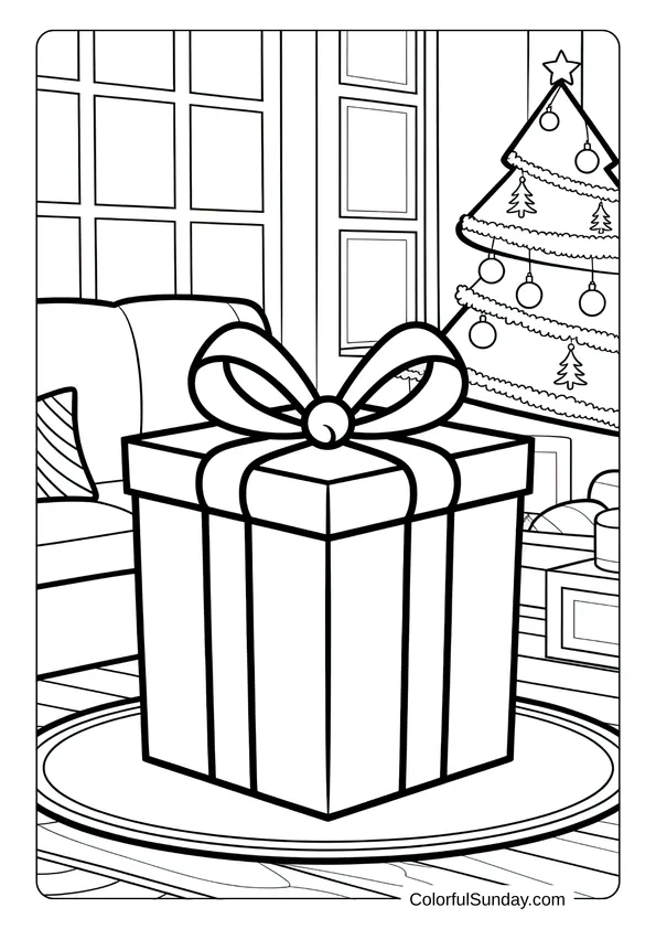 Coloring page showing a giant Christmas present surrounded by smaller gifts in a decorated living room.