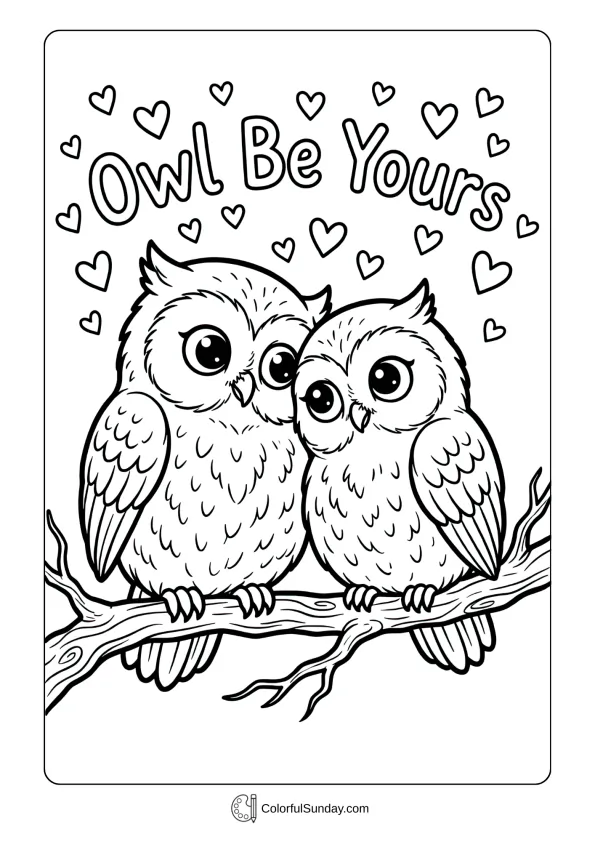 A coloring page of two cuddling owls with the words 'Owl Be Yours' above them for Valentine's Day.