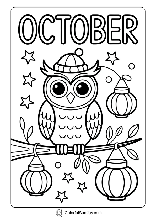 Pokemon Badges And Logo Coloring Page Coloring page of October featuring an owl wearing a hat perched on a branch with lanterns and stars.