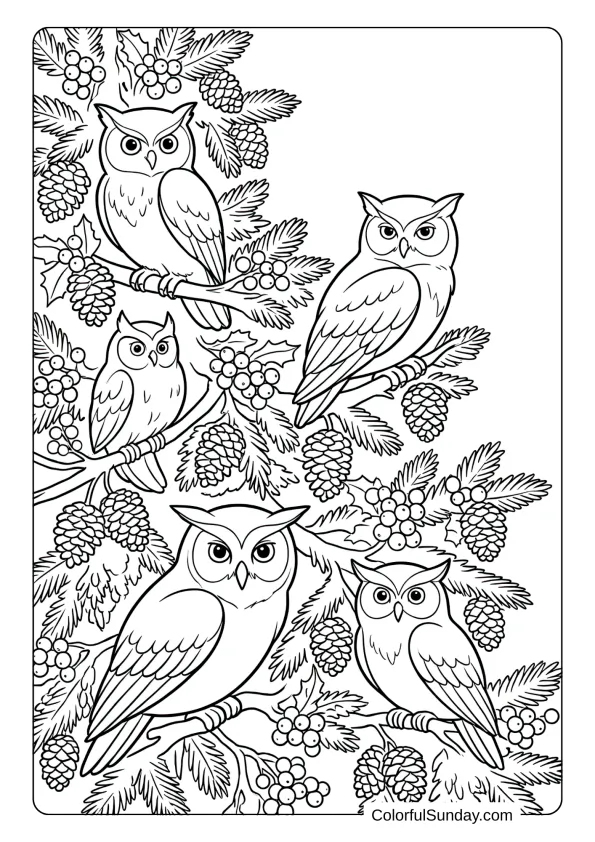 Wise owls perched on branches of a Christmas tree decorated with pinecones and berries coloring page