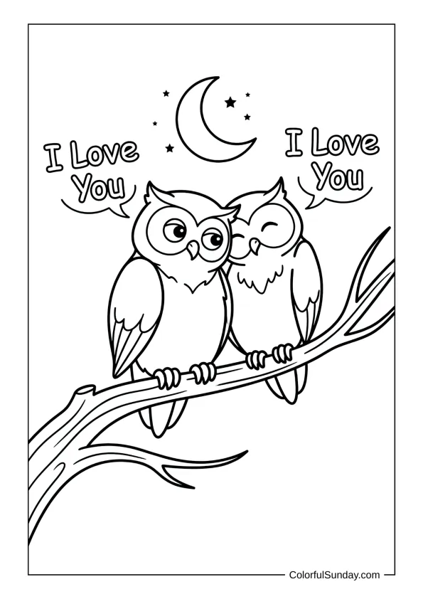 Pair of owls perched together at night whispering I love you on a branch in a coloring page.