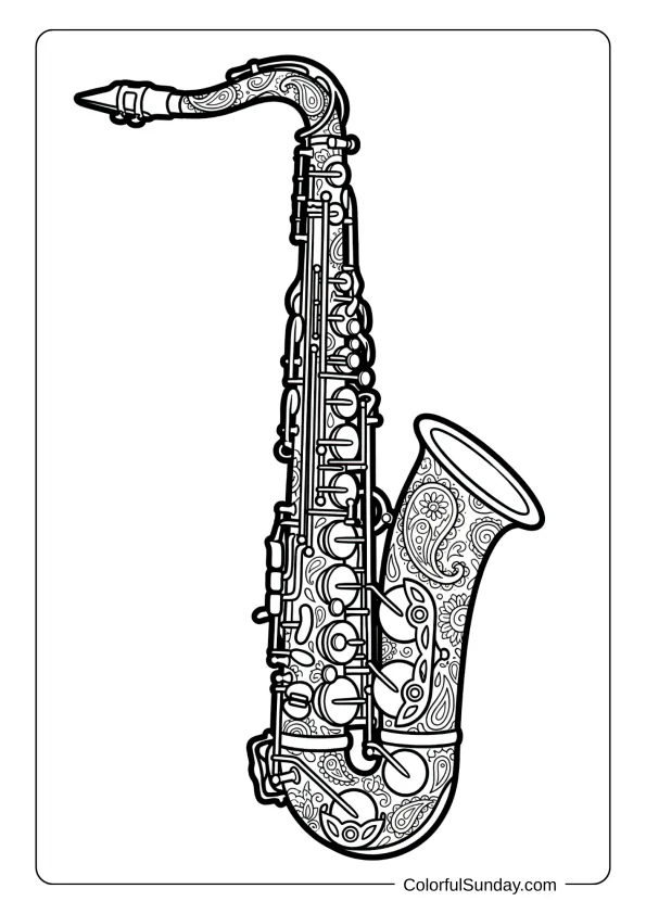 A saxophone coloring page decorated with paisley patterns and swirls covering entire instrument intricately coloring page.