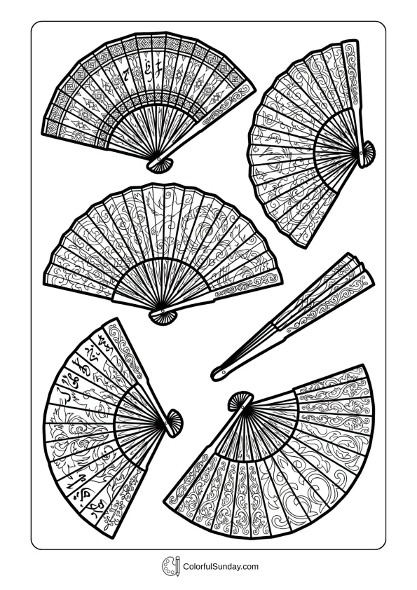 Decorative folding fans with traditional Chinese New Year patterns coloring picture