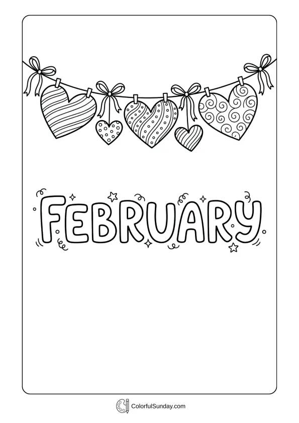 February paper heart coloring page with strung hearts creating garland with ribbons and bows coloring page