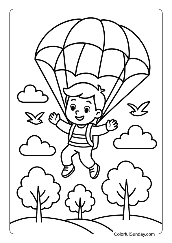 Parachute coloring page of a smiling boy floating above trees and birds.
