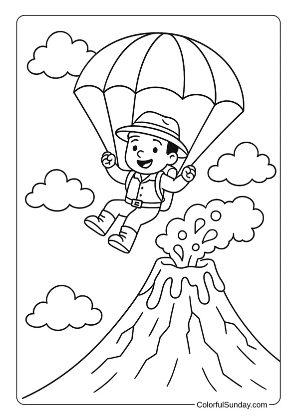 A boy parachutes above an erupting volcano with clouds in the sky in this adventure coloring page.