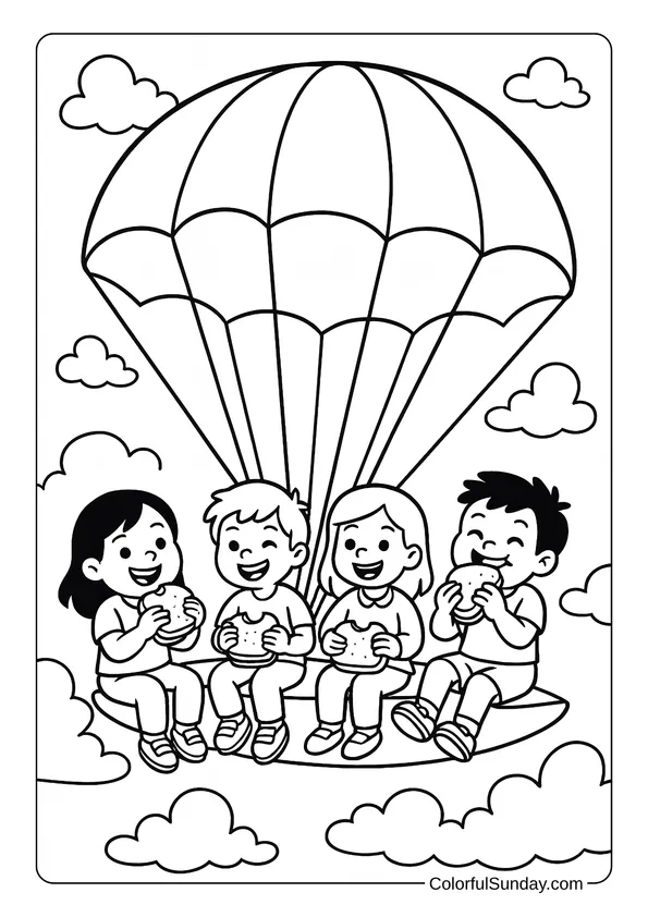 Four children enjoy sandwiches while floating in the sky with a giant parachute in this picnic-themed coloring page.