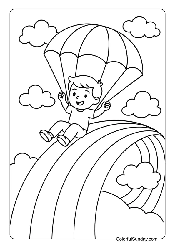 A cheerful boy parachutes onto a rainbow in the clouds in this dreamy coloring page.