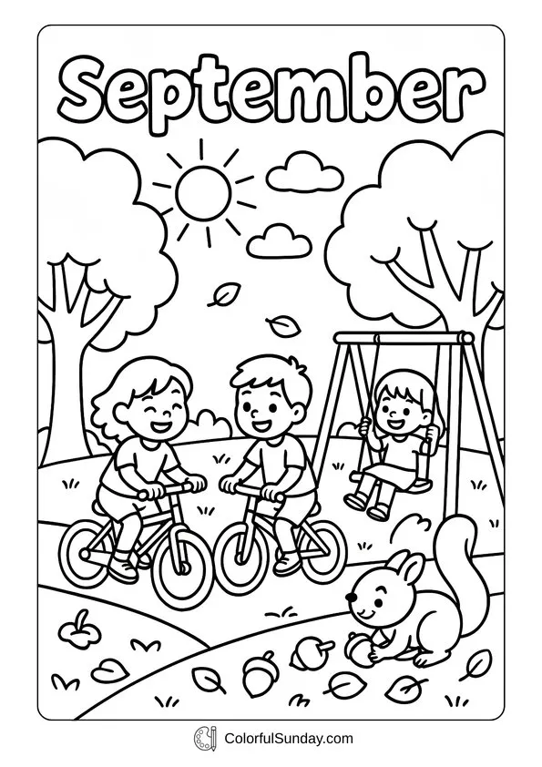 Park Adventure September Coloring Page Children riding bikes, swinging, and a squirrel with acorns in a September park coloring page.