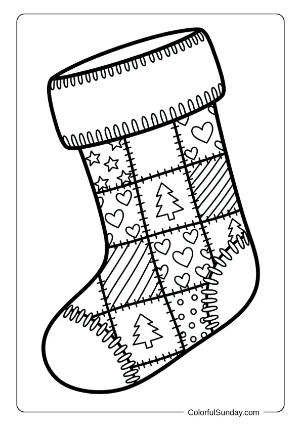 A handmade Christmas stocking coloring page with quilted patchwork squares and stitching pattern details throughout