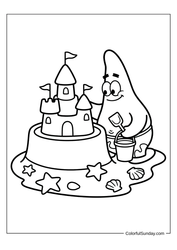 Patrick Star building a sandcastle at the beach in a creative coloring sheet to color