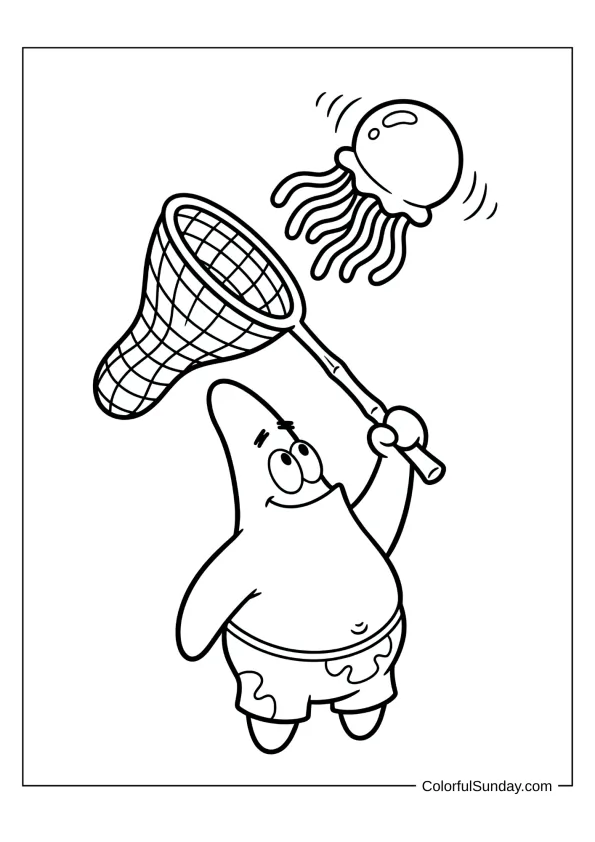 Patrick with a net catching jellyfish in Jellyfish Fields coloring page for kids