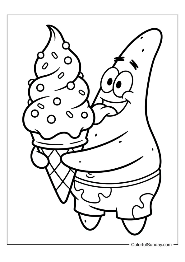 Patrick Star eating a big ice cream cone with joy coloring page for kids