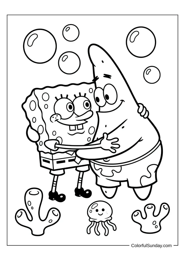 Patrick and SpongeBob hugging as best friends in a sweet coloring page for toddlers