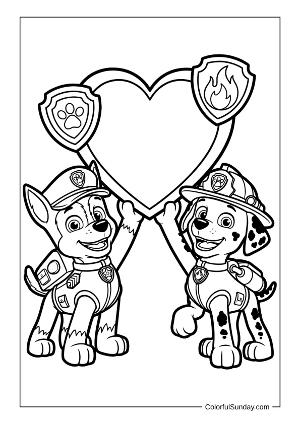 Paw Patrol with heart coloring picture for kids