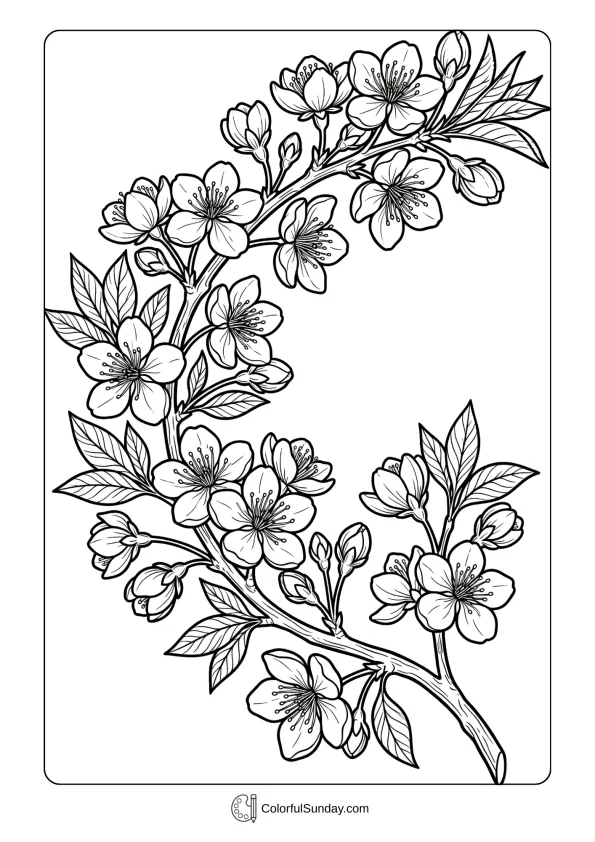 Lucky peach blossoms symbolizing prosperity for Chinese New Year to color