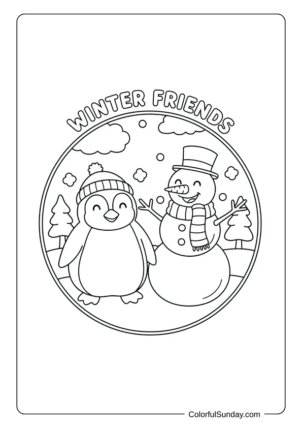 A coloring page of a cute penguin with a snowman as friends in winter.