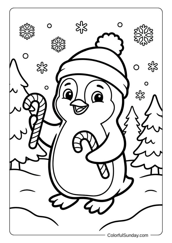 An adorable penguin balancing candy canes on its flippers in winter wonderland coloring page.